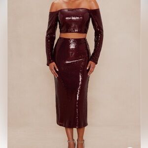 Chic Sequin Midi Skirt Set in Deep Burgundy
